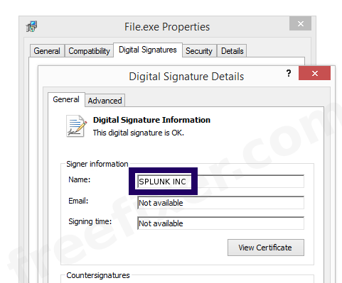 Screenshot of the SPLUNK INC certificate
